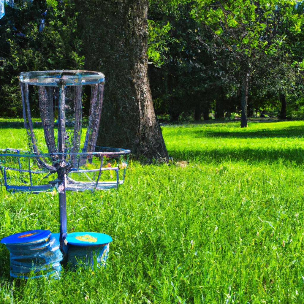 Realistic image of a stack of disc golf discs in a park with green grass and a tree